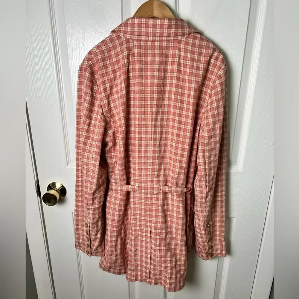 Free People Pink Cream Long Sleeve Button Waist Tie Olivia Gingham Blazer M